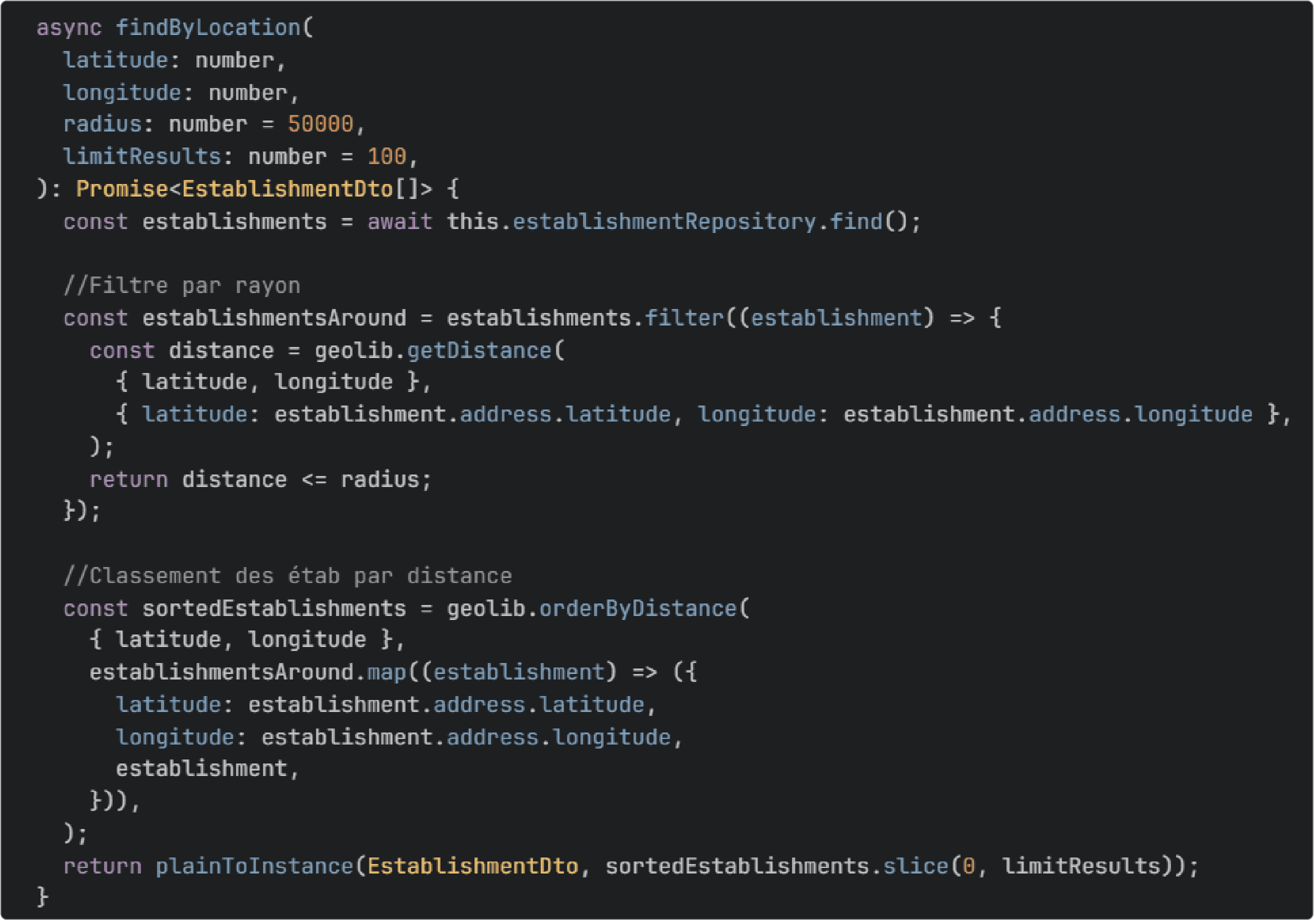 Fonction de géolocalisation filtrant et triant les établissements par distance à partir de coordonnées GPS avec la bibliothèque Geolib.