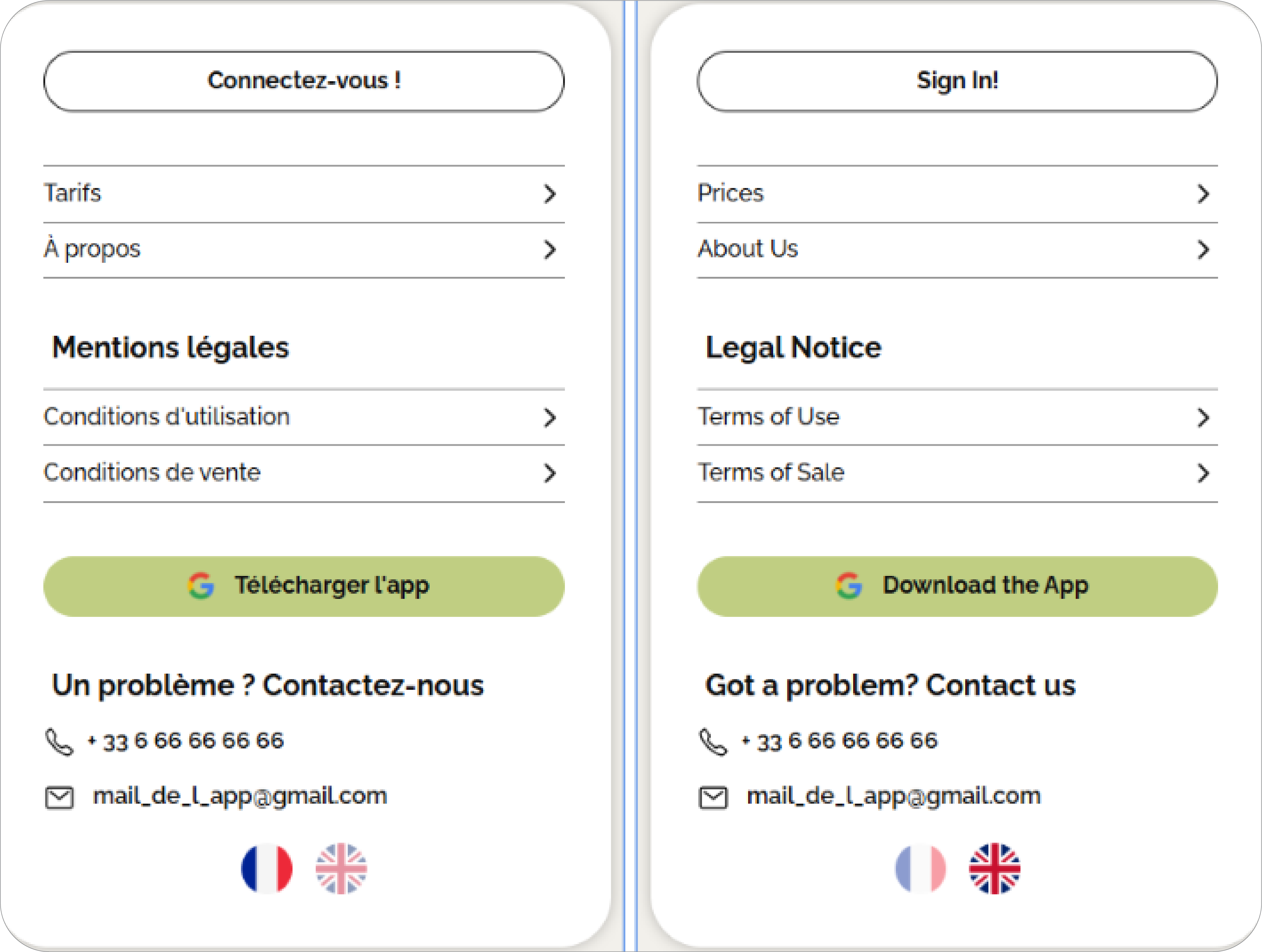 Interface mobile affichant un menu de navigation avec gestion multilingue (français / anglais), incluant accès aux pages, téléchargement de l’application et informations de contact.