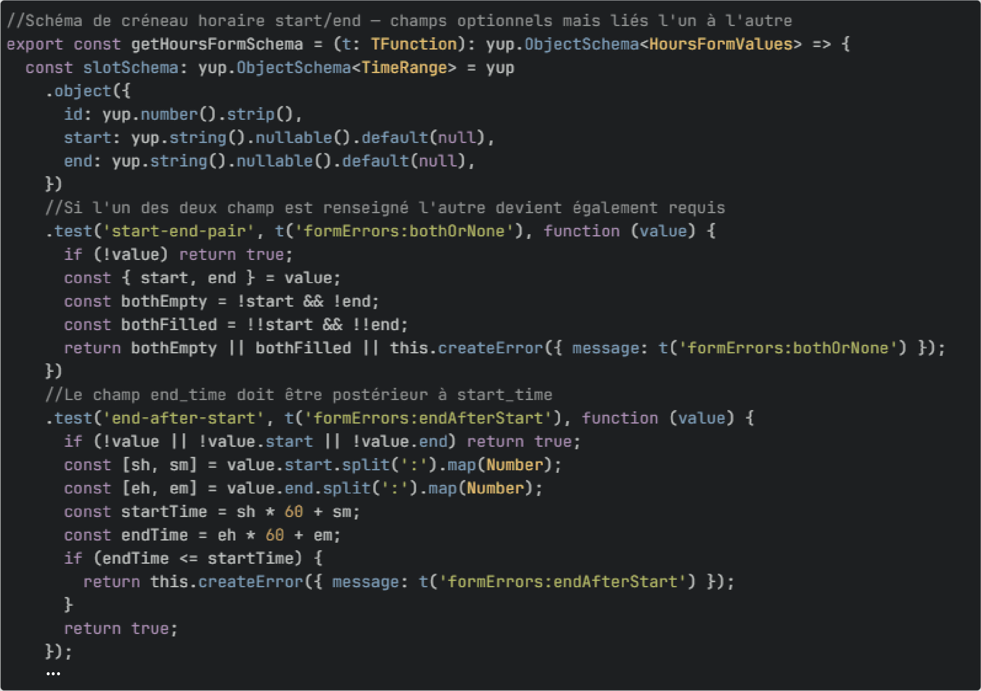 Schéma de validation Yup en TypeScript pour gérer des créneaux horaires avec règles conditionnelles entre heure de début et heure de fin.