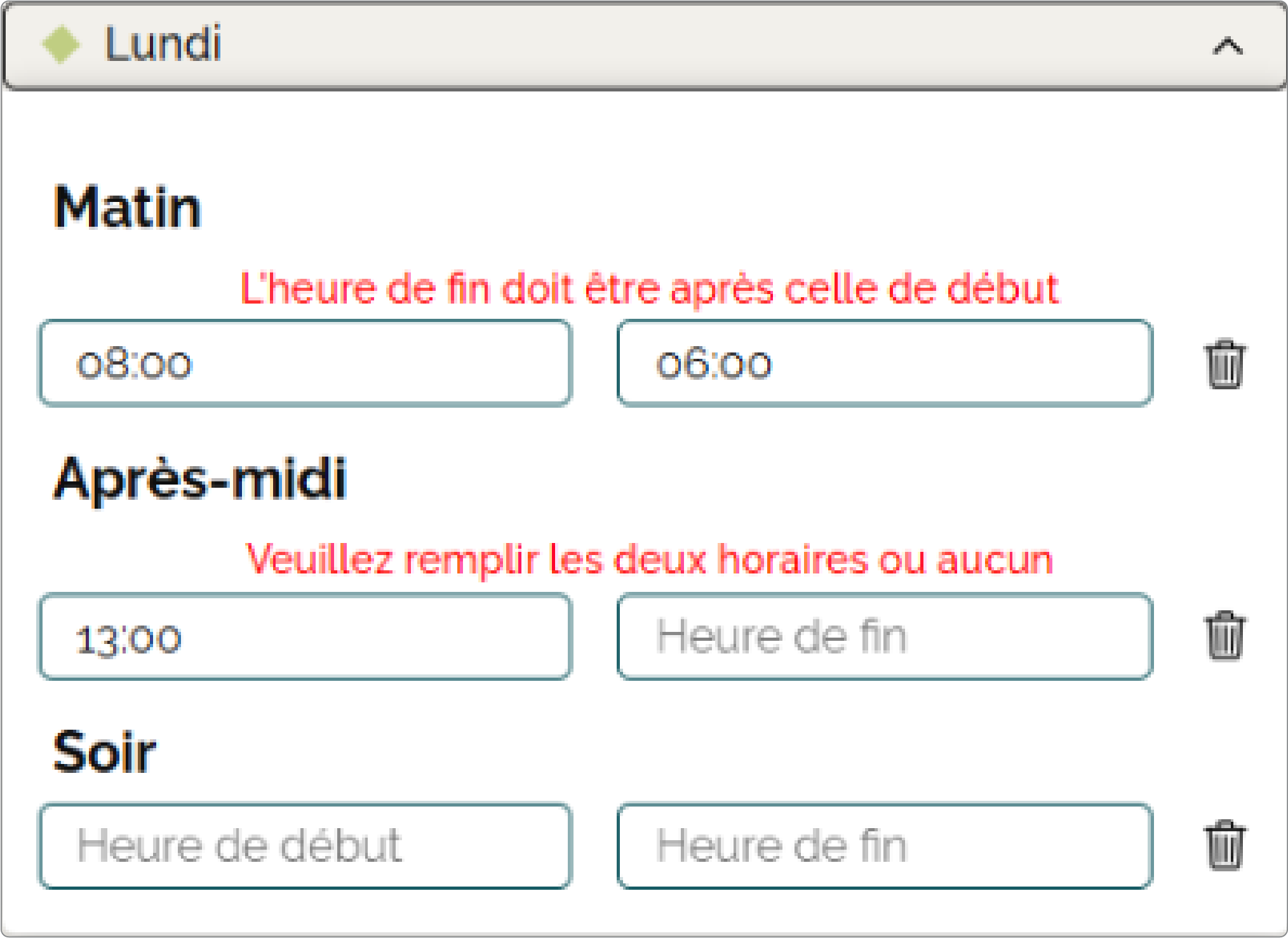 Interface de formulaire permettant de saisir des créneaux horaires avec validation des champs et messages d’erreur sur les incohérences de saisie.