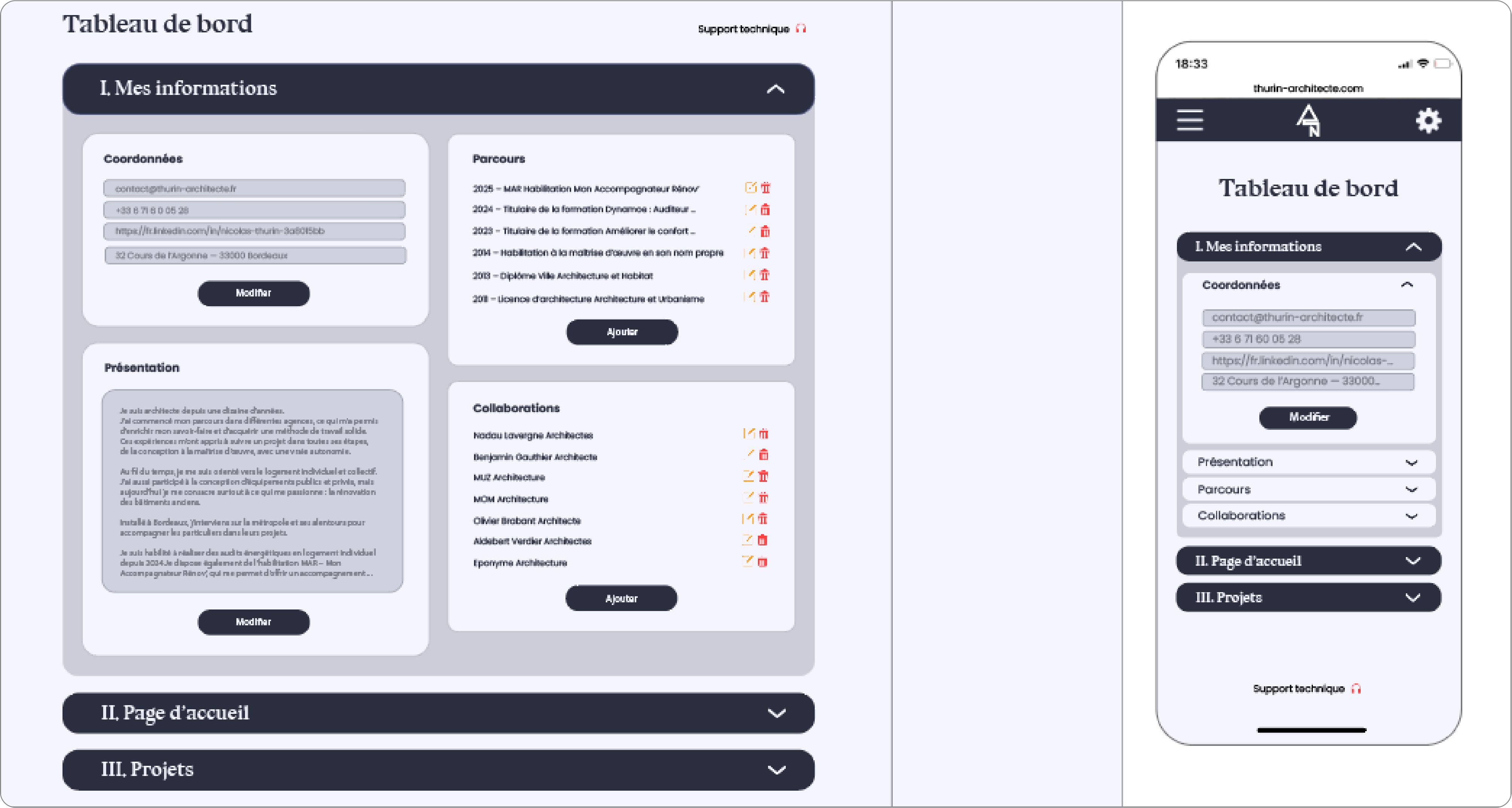 Interface d’administration du site permettant de modifier les informations de l’architecte, son parcours, ses collaborations et la présentation, avec une version adaptée mobile.