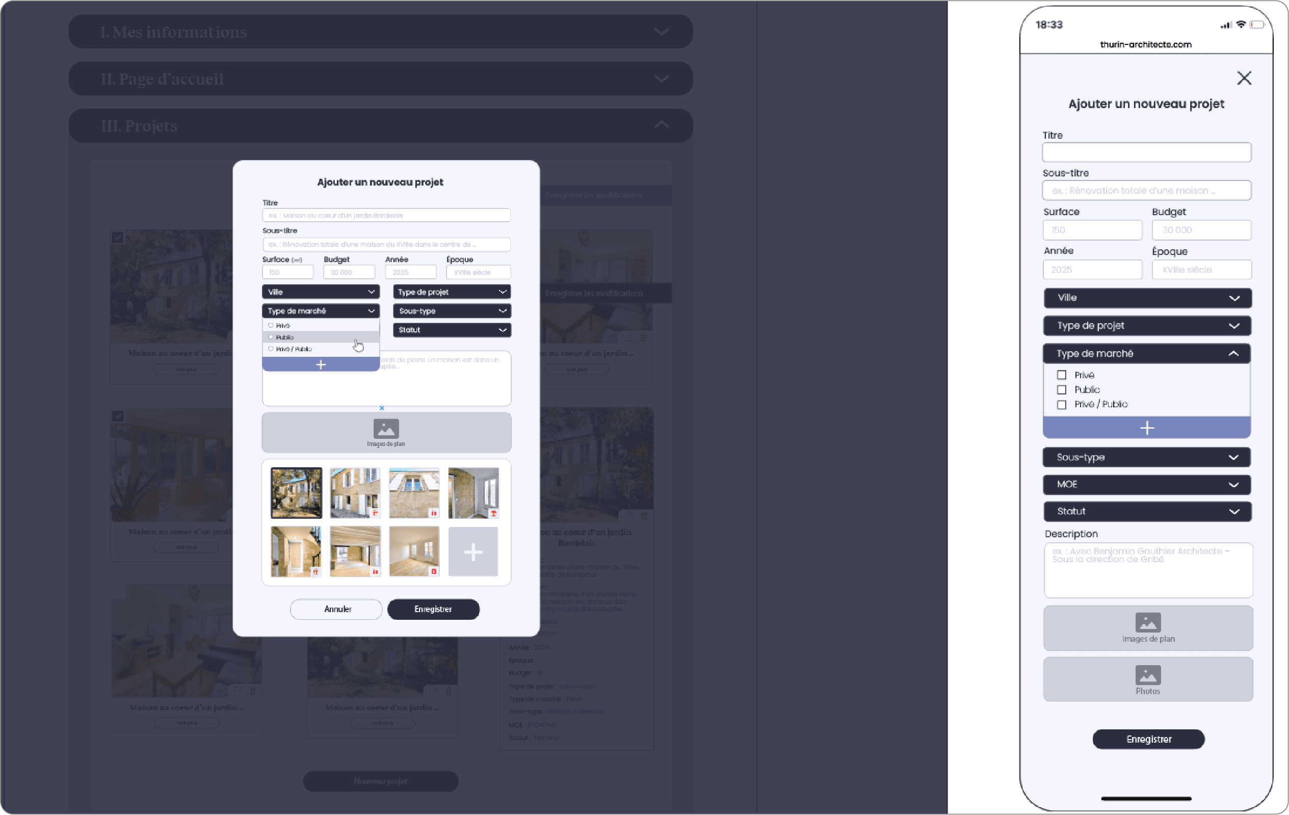 Formulaire d’ajout de projet dans l’interface admin, avec champs structurés (titre, surface, type, statut) et gestion des images, affiché en version desktop et mobile.