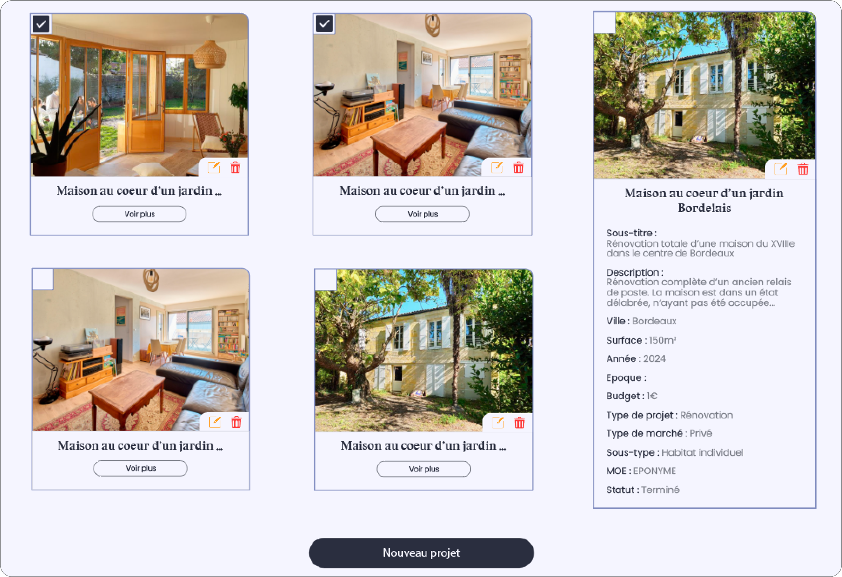 Interface admin affichant une liste de projets sous forme de cartes avec actions de modification et suppression, dont une carte ouverte affichant les détails complets d’un projet.