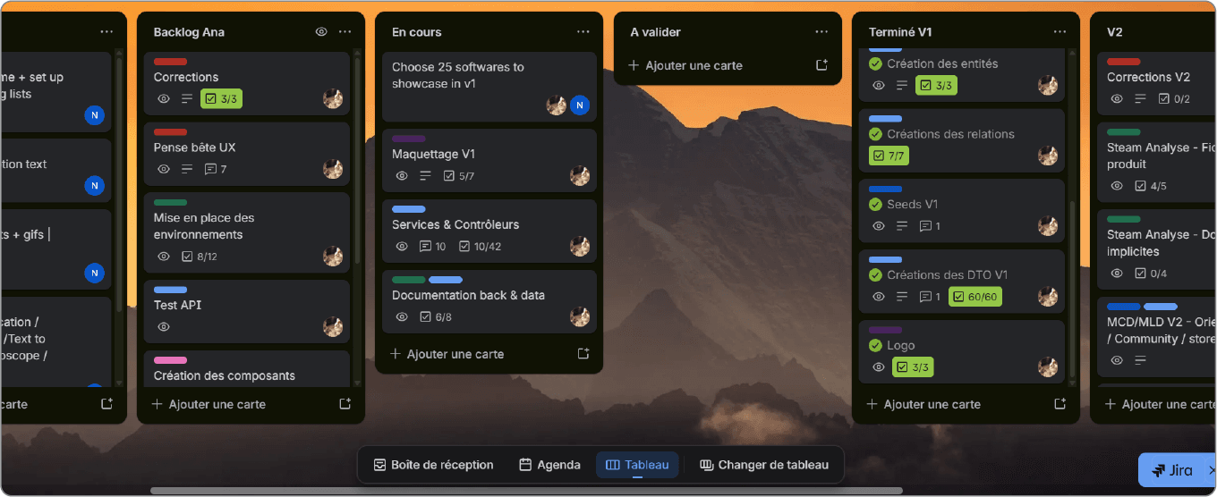 Project organization using a Trello board structured by phases (backlog, in progress, validation, completed) and by versions (V1, V2 and beyond)