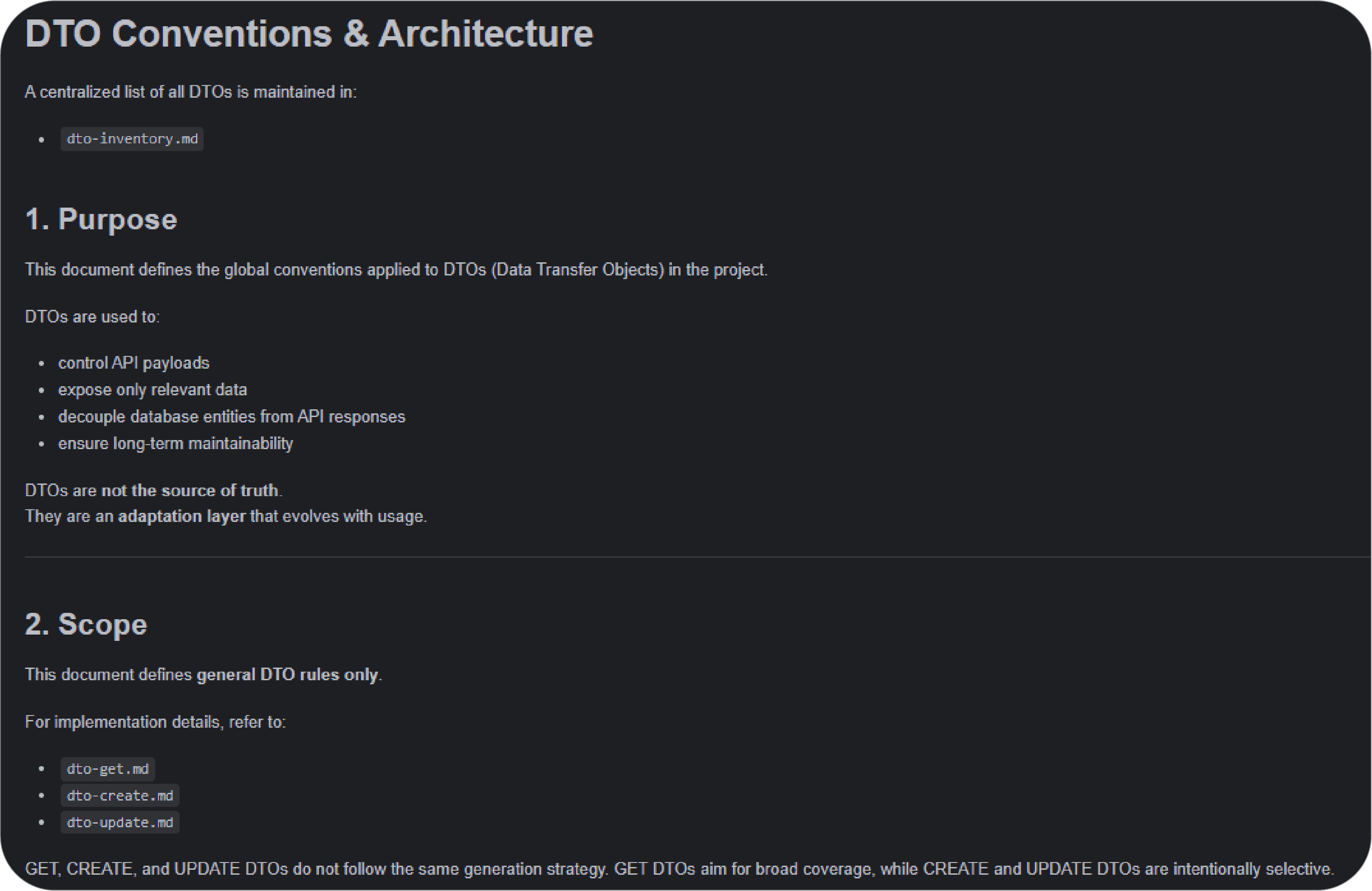 Documentation of DTO conventions and API structure
