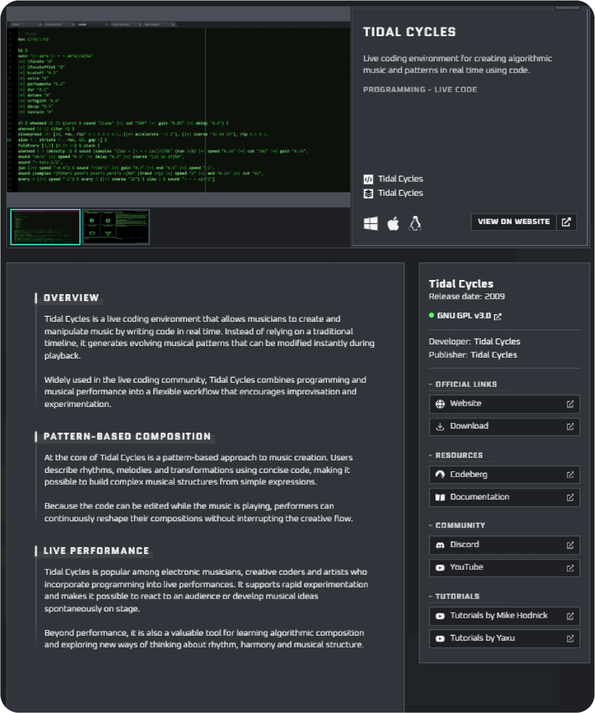 Tidal Cycles product page displaying screenshots, software information, official links, and available resources.
