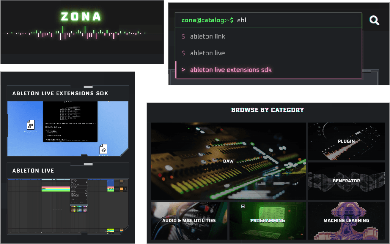 Collage showcasing various elements of Zona's art direction, including the logo, terminal-inspired search, SD card-inspired components, and category cards.